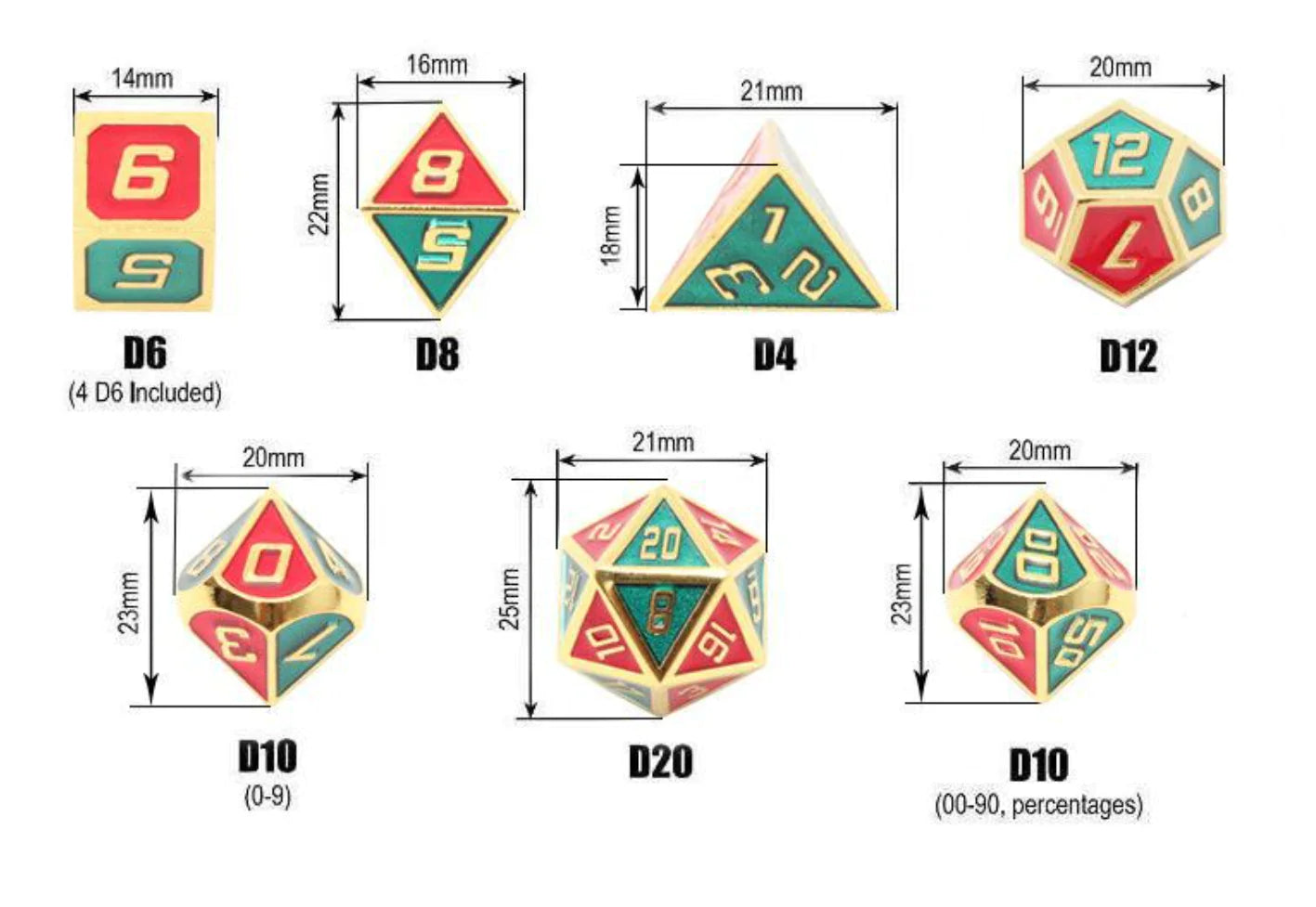 مجموعة نرد معدنية لألعاب تقمص الأدوار - 7 نرد مع حقيبة